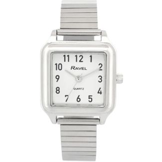 Ravel Ladies Square Stainless Steel Expander Watch - Silver/White