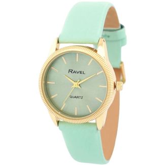 Ravel Ladies Textured Case Leather Strap Watch - Pastel Green/Gold