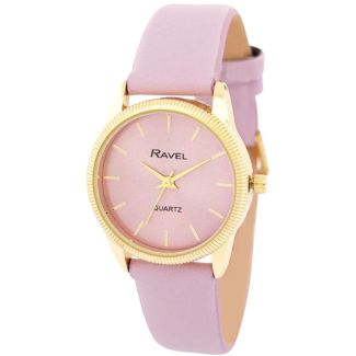 Ravel Ladies Textured Case Leather Strap Watch - Pastel Purple/Gold