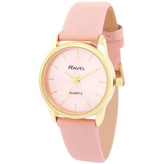 Ravel Ladies Textured Case Leather Strap Watch - Pink/Gold