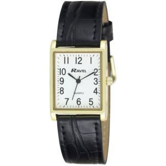 Ravel Men's Classic Cracked Leather Strap Watch - Black & Gold