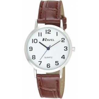 Ravel Men's Classic Easy Read Silver Tone Watch - Brown Strap