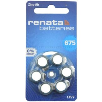 6pcs Renata 675 (PR44) Zinc-Air Hearing Aid Batteries - 1.45V