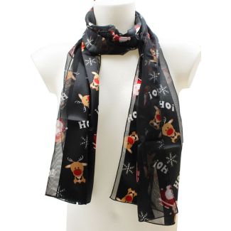 Ladies Santa & Rudolph Design Scarf - Black 