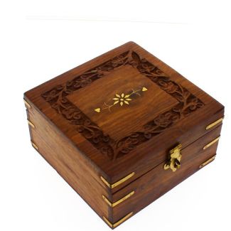 Sectioned Carved Wooden Storage Box For 9 Essential Oils 14x14x8cm