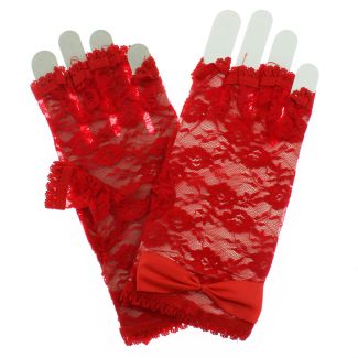 Short Fingerless Lace Gloves With Bow - Red