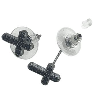Silver Cross Stud Earrings with Black Stone Detailing