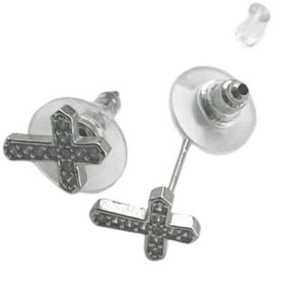 Silver Cross Stud Earrings with Clear Stone Detailing
