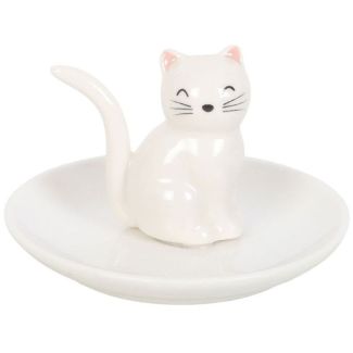 Sitting White Cat Face Trinket Dish Ceramic Ring Holder - (10cm)