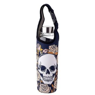 Wholesale Skull & Roses Reusable Glass Water Bottle With Sleeve & Holder 