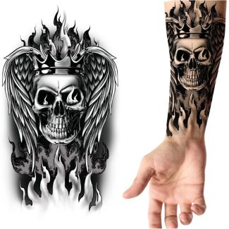 Skull with Wings and Flames Temporary Tattoo - Black & White - 9x14cm