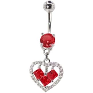Steel Crystal Heart Belly Bar - Red