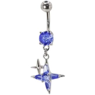 Steel Double Star Crystal Drop Belly Bar - Sapphire