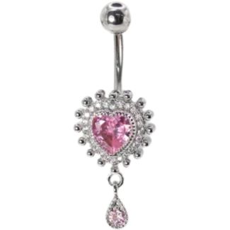 Steel Heart & Teardrop Crystal Drop Belly Bar