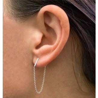 Sterling Silver Bar Ear Stud With Chain
