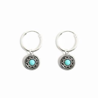 Sterling Silver Boho Coin Turquoise Hoops - 12mm