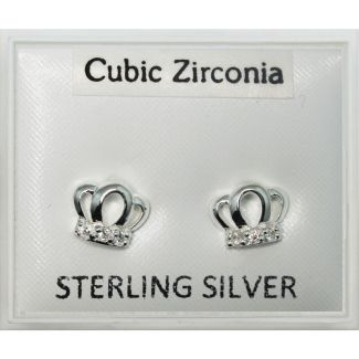 Sterling Silver Crown Design Crystal Studs - 8mm