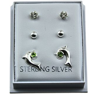 Sterling Silver CZ 3 Pair Stud - Dolphin-Stone-Ball - Assorted