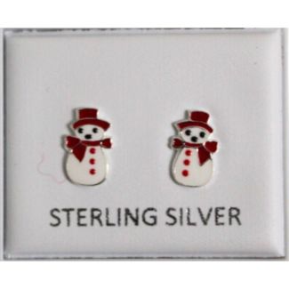 Sterling Silver Snowman Design Christmas Earrings -10mm