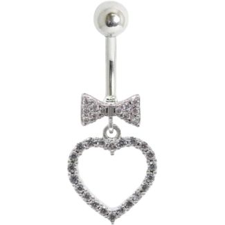 Sweetheart Bow and Heart Dangle Navel Bar – Clear 10mm