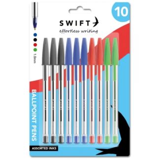 Swift 10pcs Ballpoint Pens - Black, Blue, Red & Green Asst. - Pull Cap