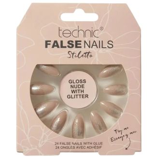Technic False Nails With Glue – Stiletto Gloss Nude With Glitter 
