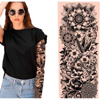 Temporary Tattoo Sleeve - Black & White Floral Design with Birds - 38cm