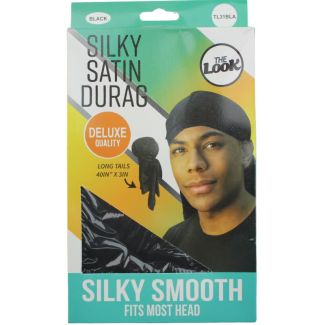 The Look Black Silky Satin Durag with Long Tails - 40in x 3in