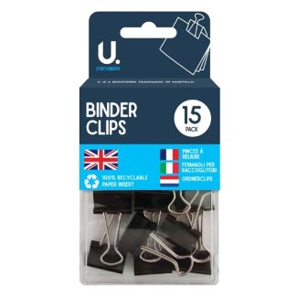 U. 15pcs Black Binder Clips - 19mm