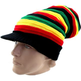 Unisex Long Striped Rasta Colours Knitted Peak Hat