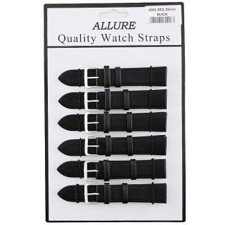 Wholesale Allure Black Leather Watch Straps - Silver Buckle - 20mm