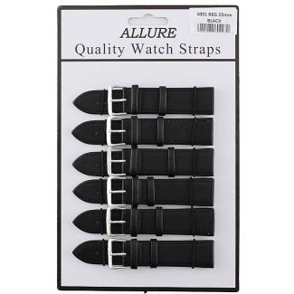 Wholesale Allure Black Leather Watch Straps - Silver Buckle - 22mm