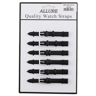 wholesale Allure Black Leather Watch Straps - Silver Buckle - 12mm