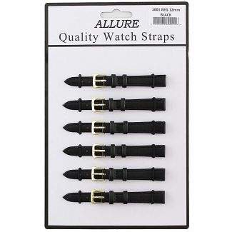 Wholesale Allure Black Leather Watch Straps - Gold Buckle - 12mm