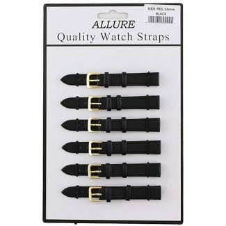 Wholesale Allure Black Leather Watch Straps - Gold Buckle - 14mm