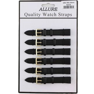 Wholesale Allure Black Leather Watch Straps - Gold Buckle - 16mm