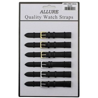 Wholesale Allure Black Leather Watch Straps Extra Long - Asst. Buckles - 14mm