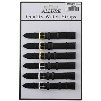 Wholesale Allure Black Leather Watch Straps Extra Long - Asst. Buckles - 16mm