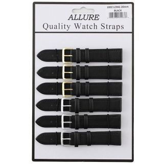 Wholesale Allure Black Leather Watch Straps Extra Long - Asst. Buckles - 20mm