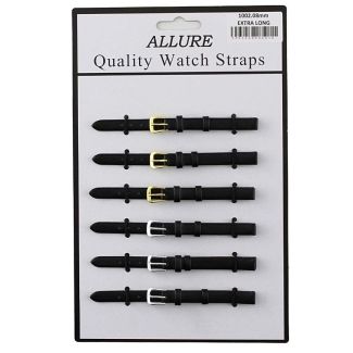Allure Extra Long Black Leather Watch Straps - Asst. Buckles - 8mm