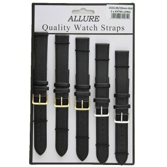Wholesale Allure 2x Extra Long Leather Watch Straps - Assorted Buckle - 20mm (Black)