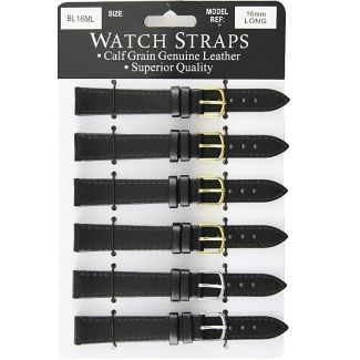 Calf Grain Long Black Watch Straps - Asst. Buckles-16mm