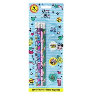 4pcs Pencils With Eraser Toppers - Assorted Designs 