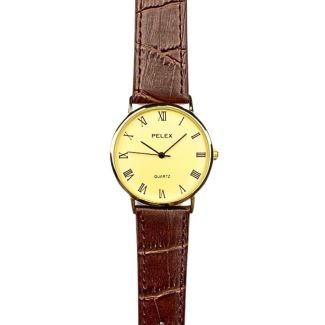 Men's Round Dial Leather Strap Watch - Brown & Gold