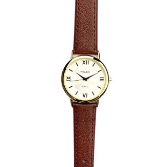 Men's Round Dial Leather Strap Watch - Brown and Gold