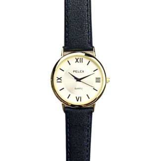 Men's Round Dial Leather Strap Watch - Black & Gold