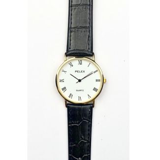 Men's Round Dial Leather Strap Watch - Black and Gold