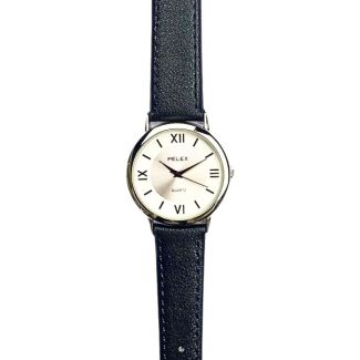 Men's Round Dial Leather Strap Watch - Black & Silver
