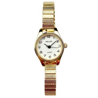 Pelex Ladies Round Metal Expander Strap Watch - Gold and White