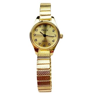 Pelex Ladies Round Gold Metal Expander Strap Watch - Gold 
